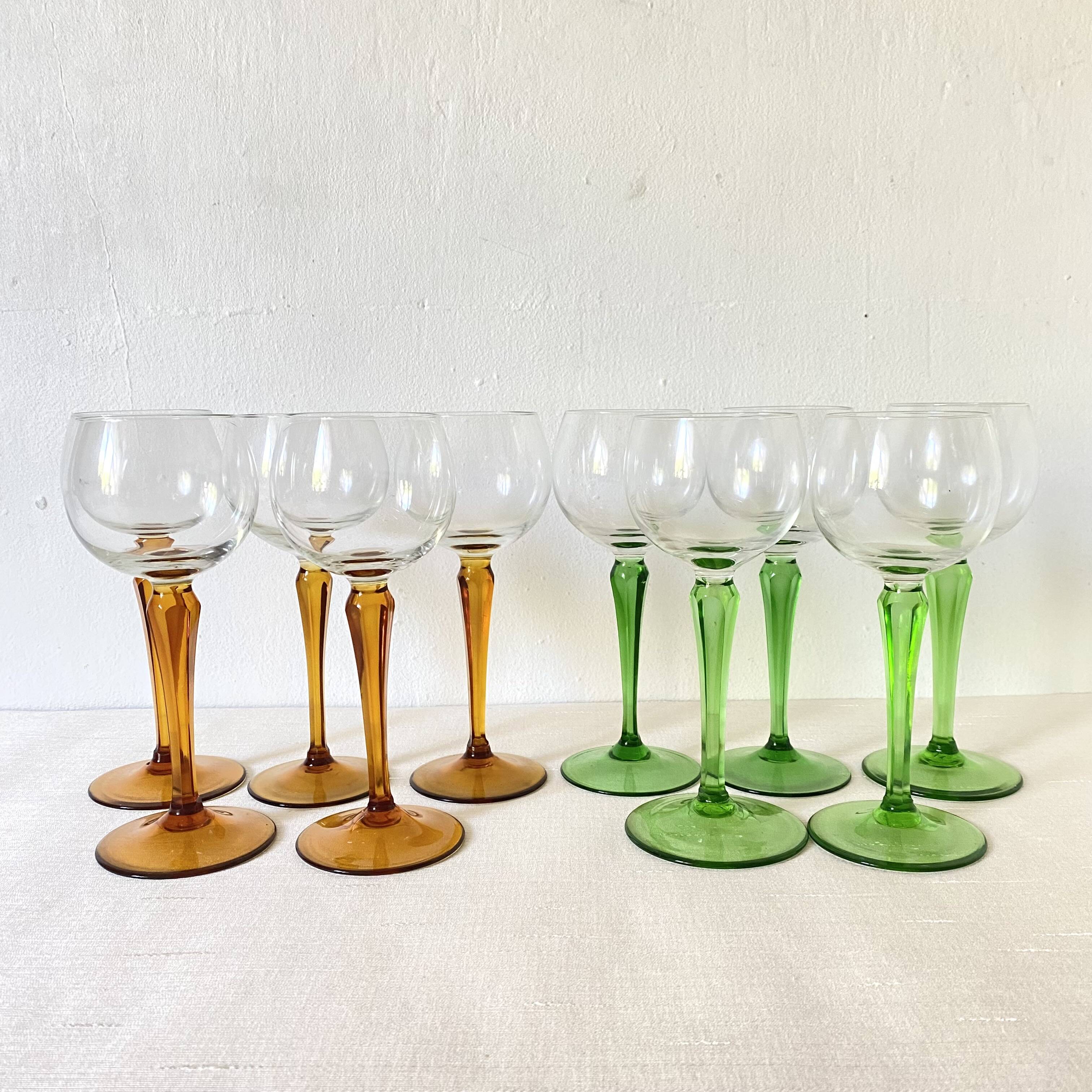 Vintage stemmed glasses, green or amber stem