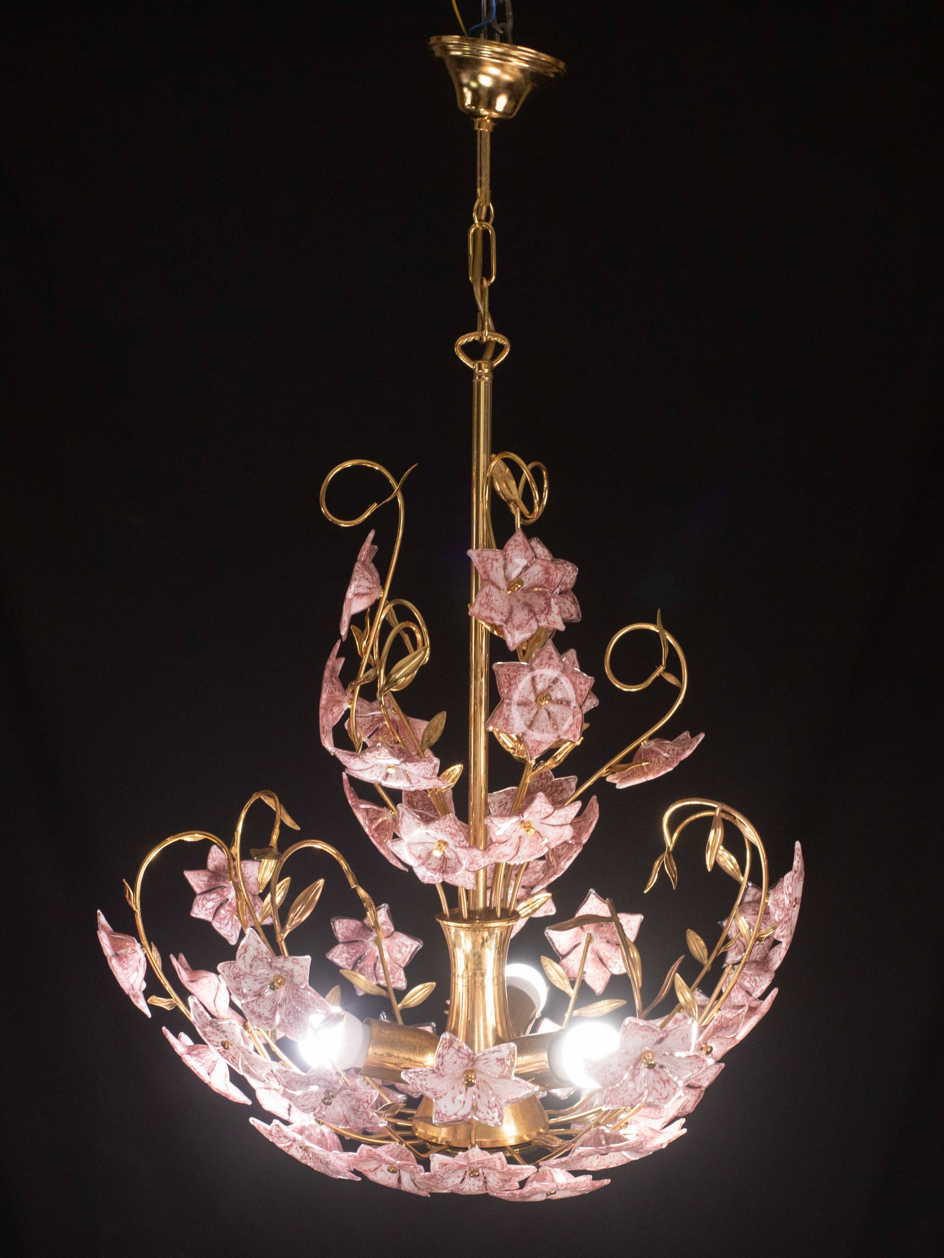 Vintage Murano Glass Chandelier Pink Flowers, 1970