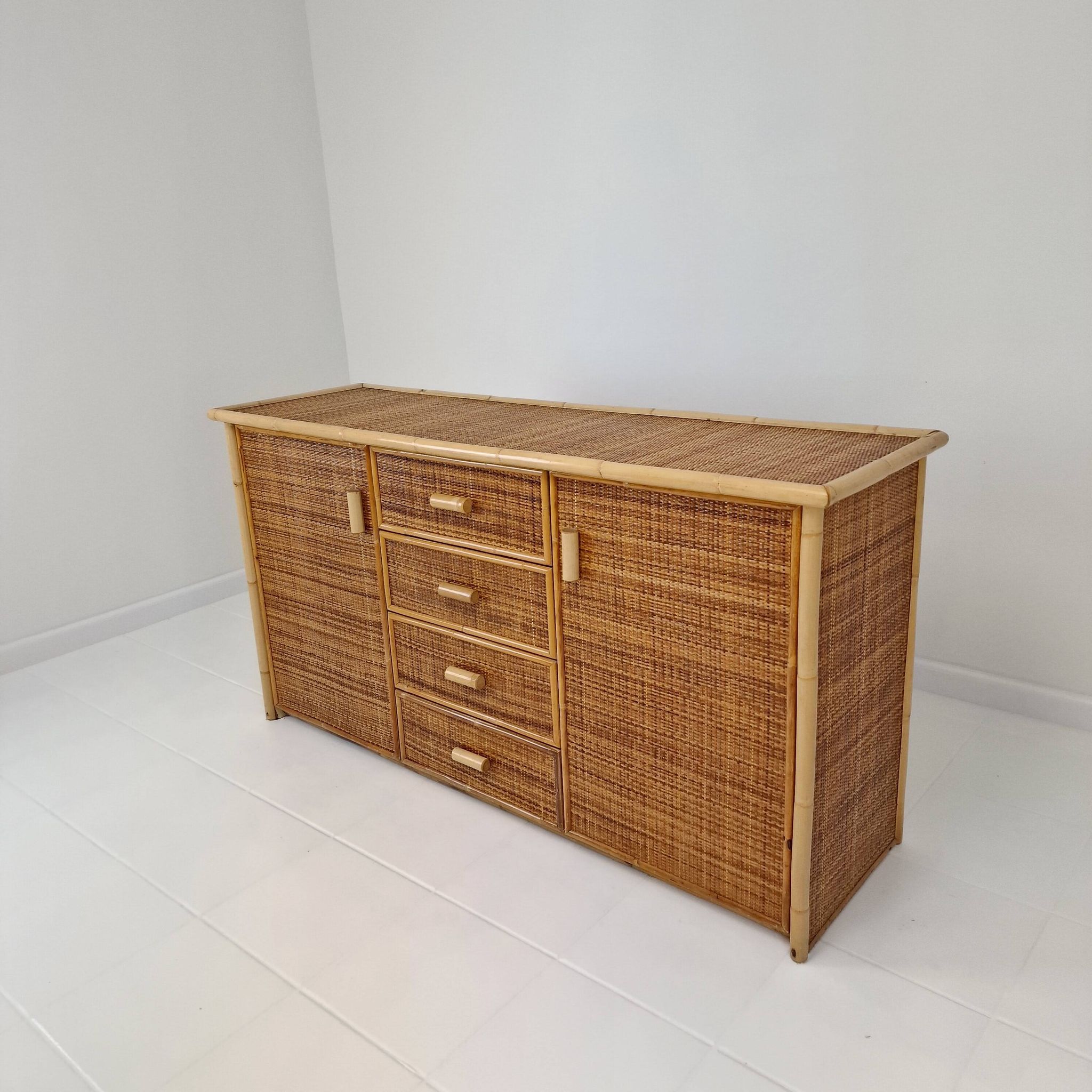 Italian Bamboo and Rattan Chest of Drawers or Credenza, 1980s