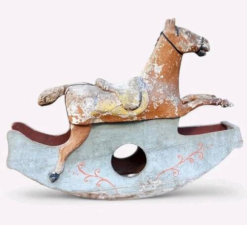 Ancien Cheval À Bascule XIXe Siècle En Bois Et Papier Mâché Peint