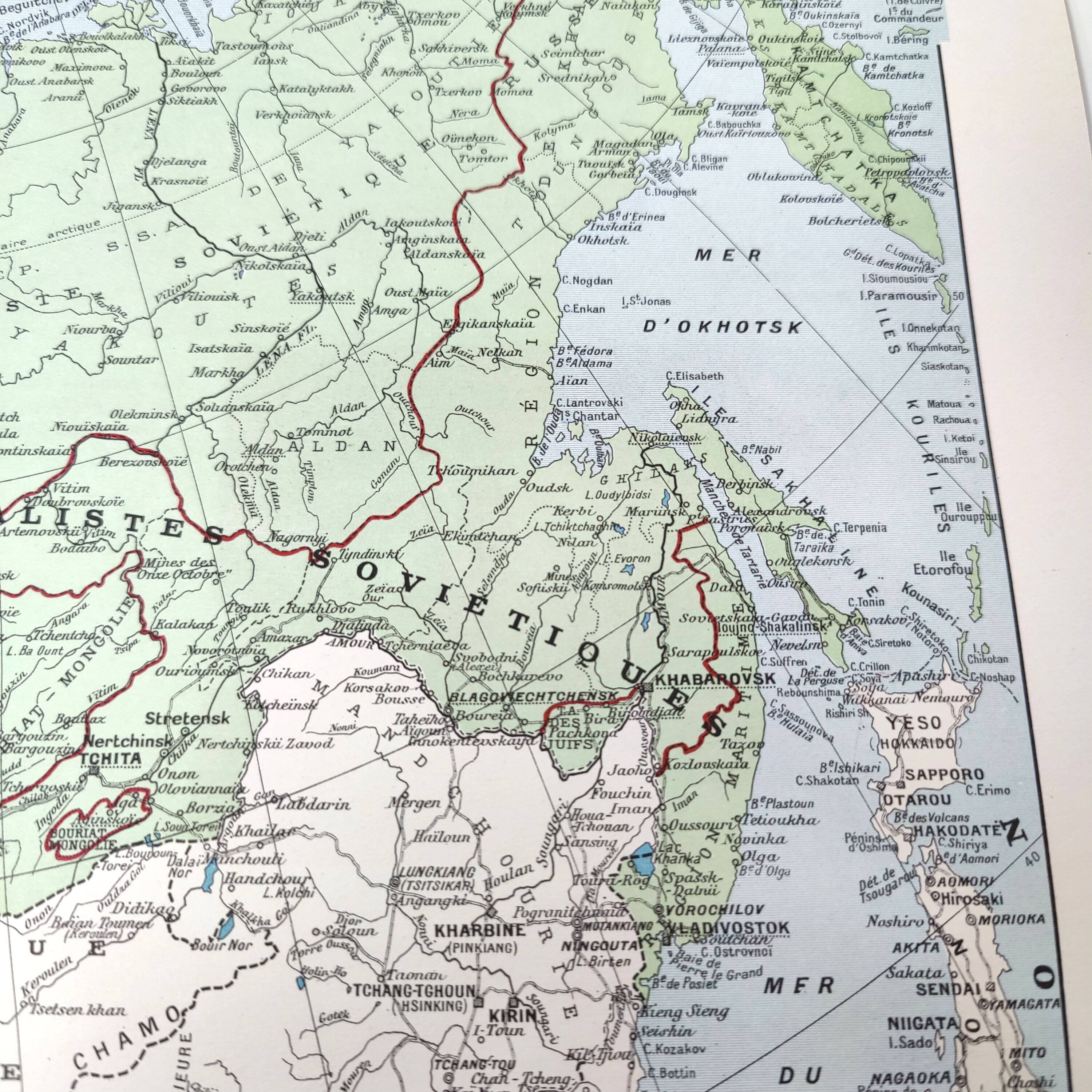 Vintage map Asia USSR Japan 43x43cm from 1950