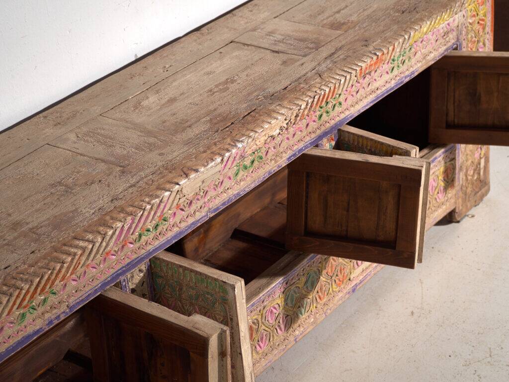 Antique polychrome carved low cabinet in pine – Xinjiang, circa 1900