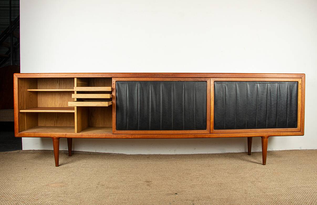 Extra long Danish sideboard, teak, oak, leatherette, 280 cm, Arne Hovmand-Olsen