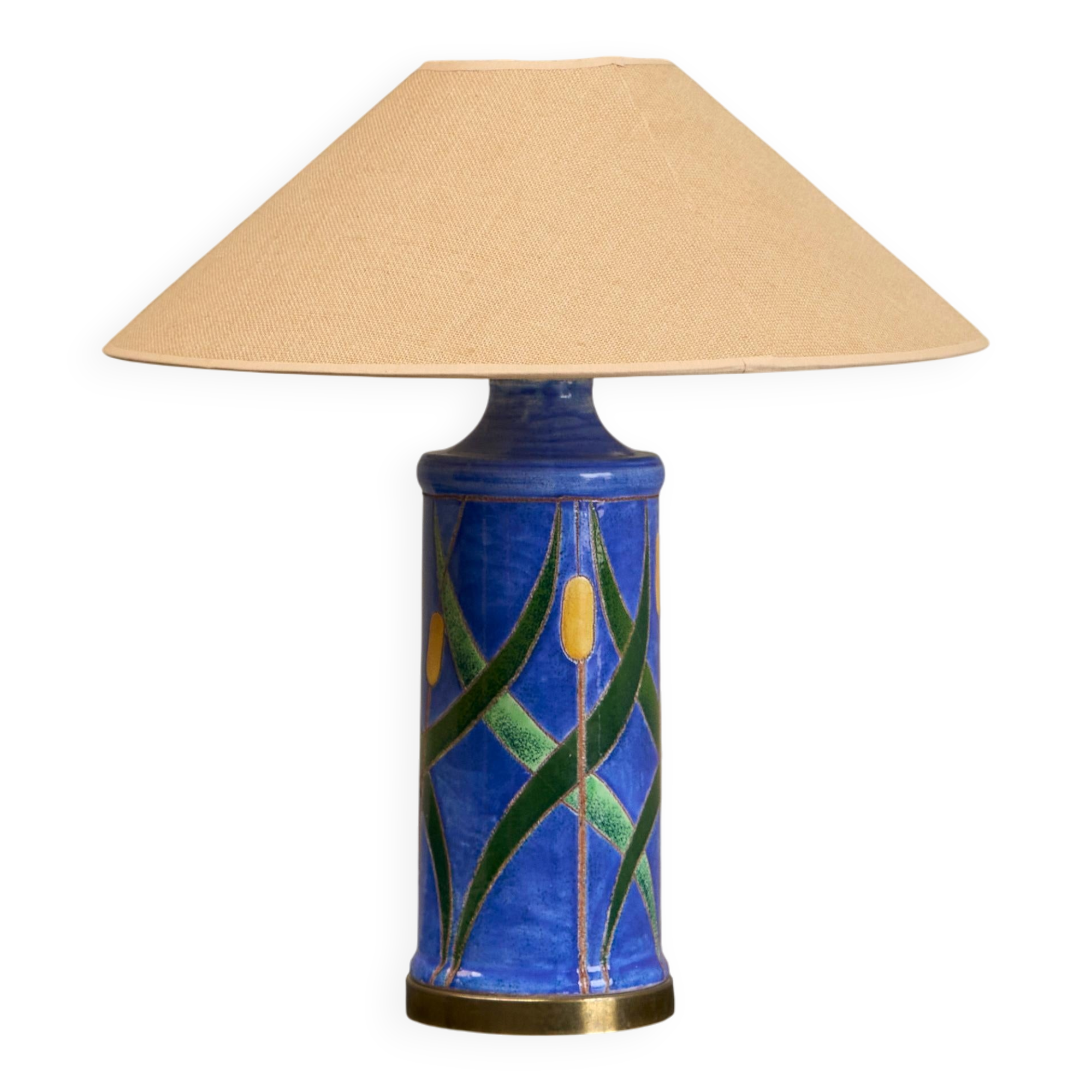 'Reed' table lamp in pottery and brass, mid-century style, 1960.