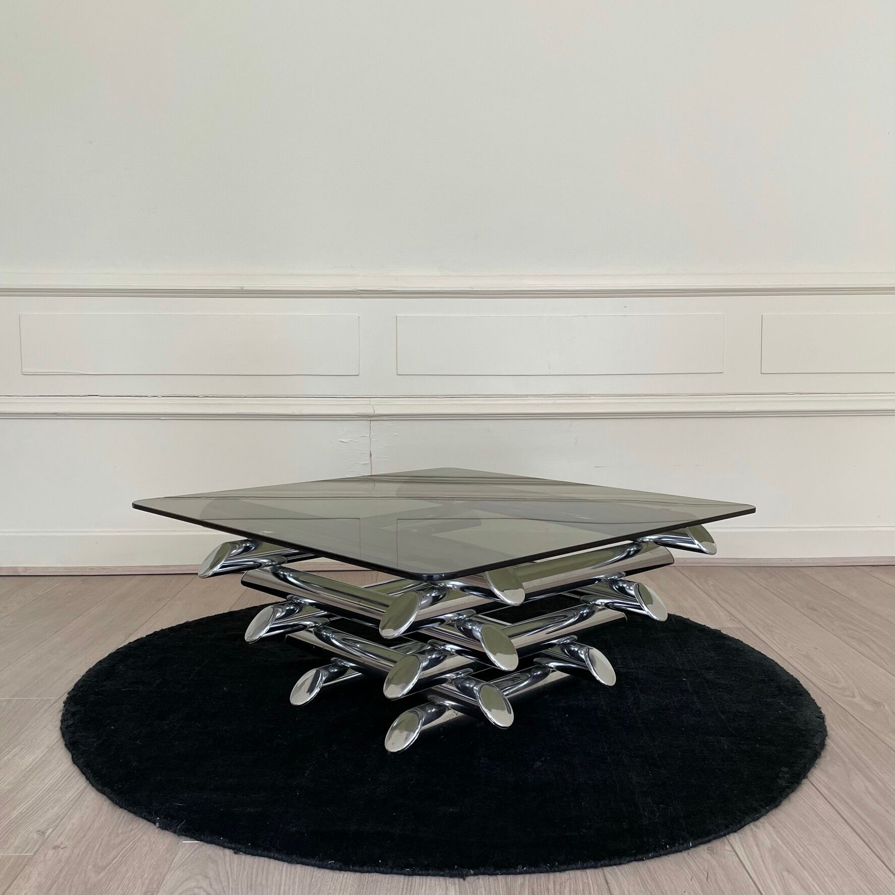 Tubular coffee table, glass and steel, Italy 1970