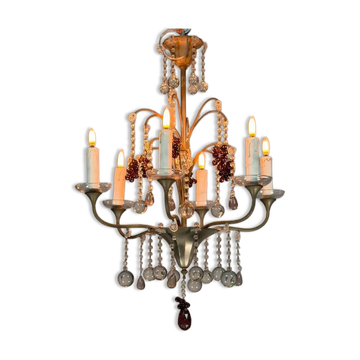 Lustre Artdeco en bronze argenté garni de pampilles et grappes de raisins, vers 1930
