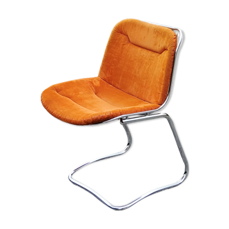 Chaise des années 70 en métal chromé galette en velours feutrine orange