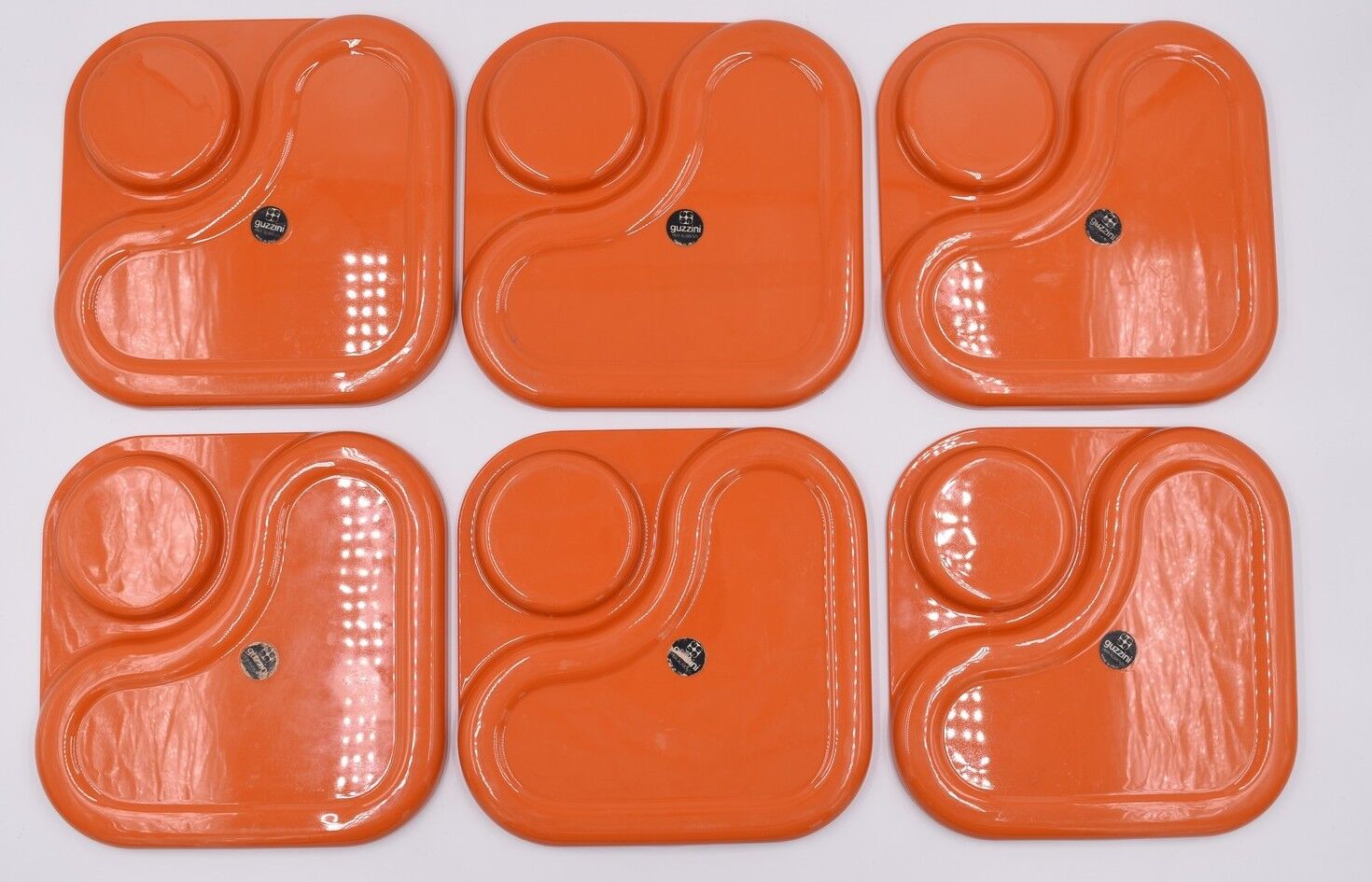 6 orange Guzzini plates with vintage 70s compartments