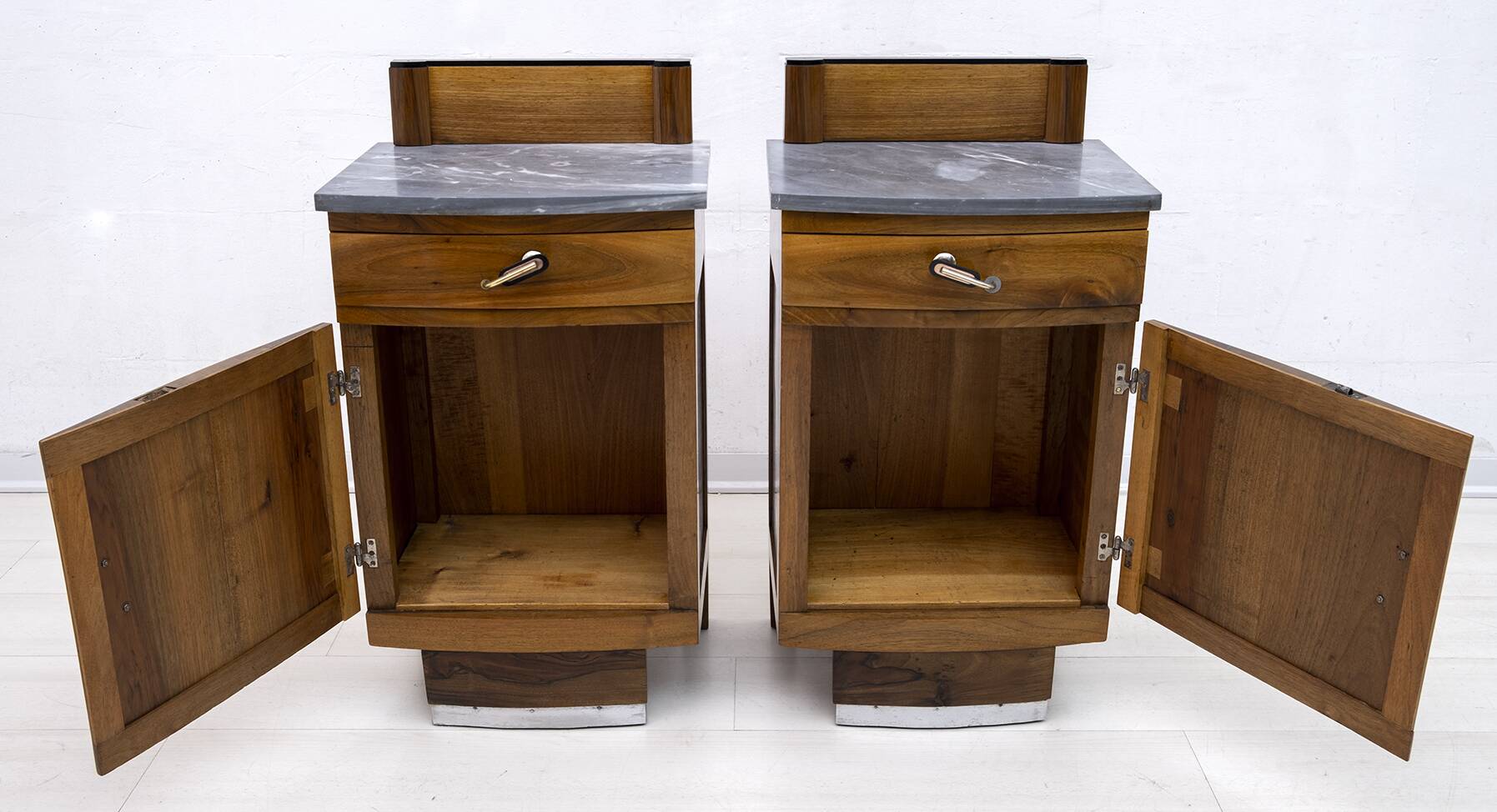 Pair of Art Dèco Italian Walnut and Grafite Gray Marble Bedside Tables,1920
