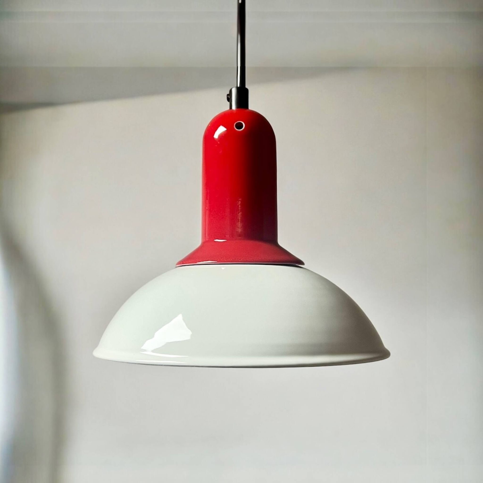 1980s Vintage Hanging Lamp by Imago Italy - Red and White Ceramic- New Old Stock.
