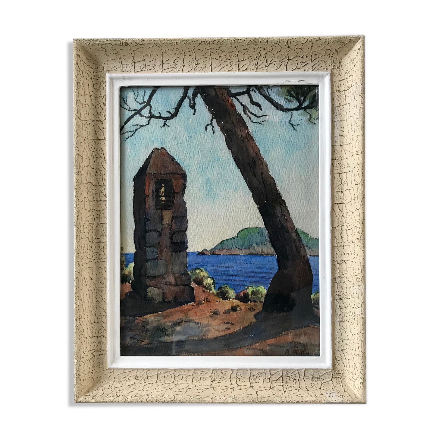 Landscape painting sea old watercolor signed