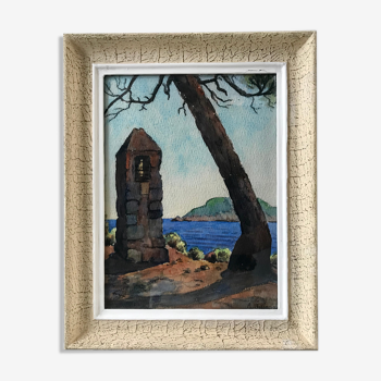 Tableau paysage mer aquarelle ancienne signée