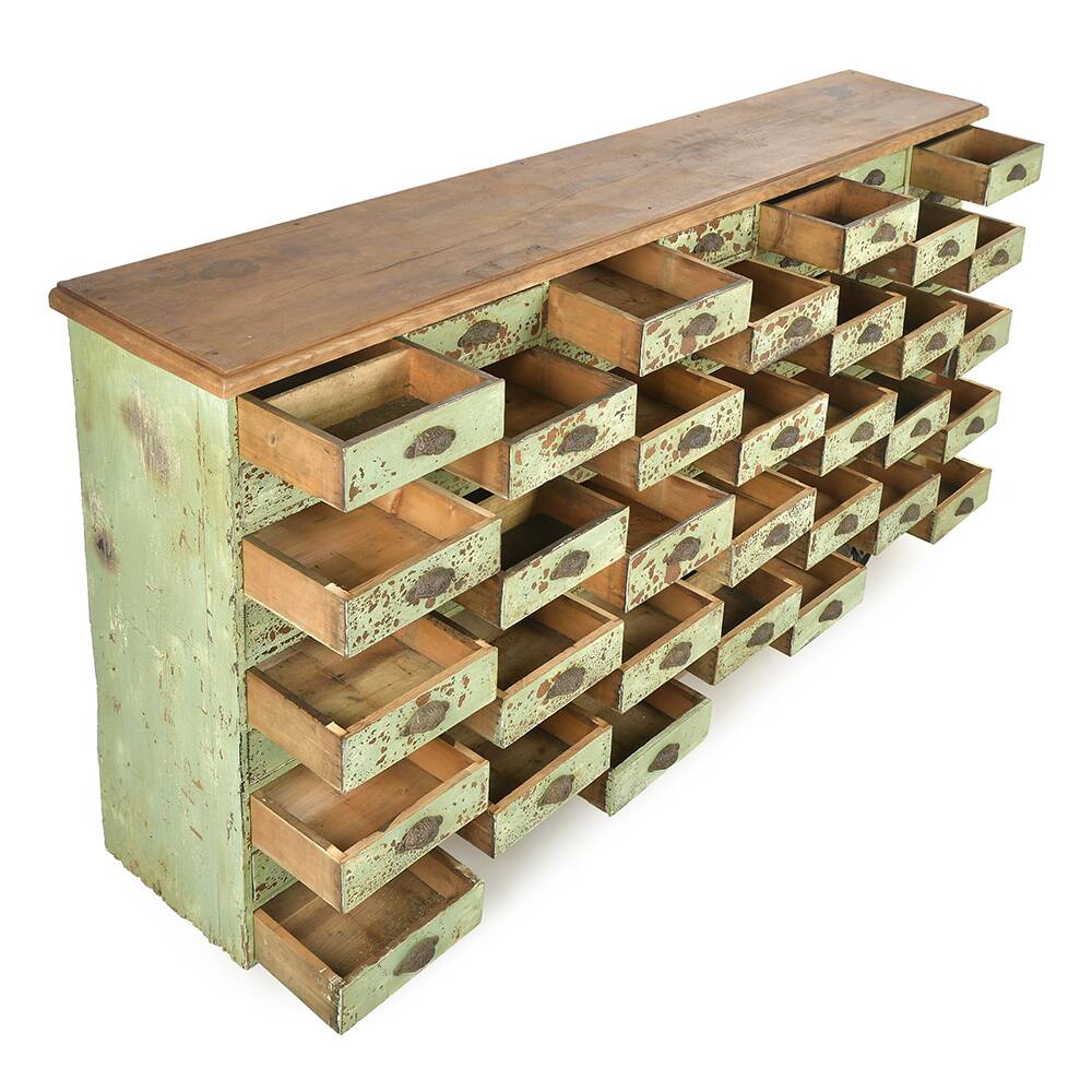 Antique goldsmith's workshop cabinet with 63 drawers (111 x 212cm x 37cm)