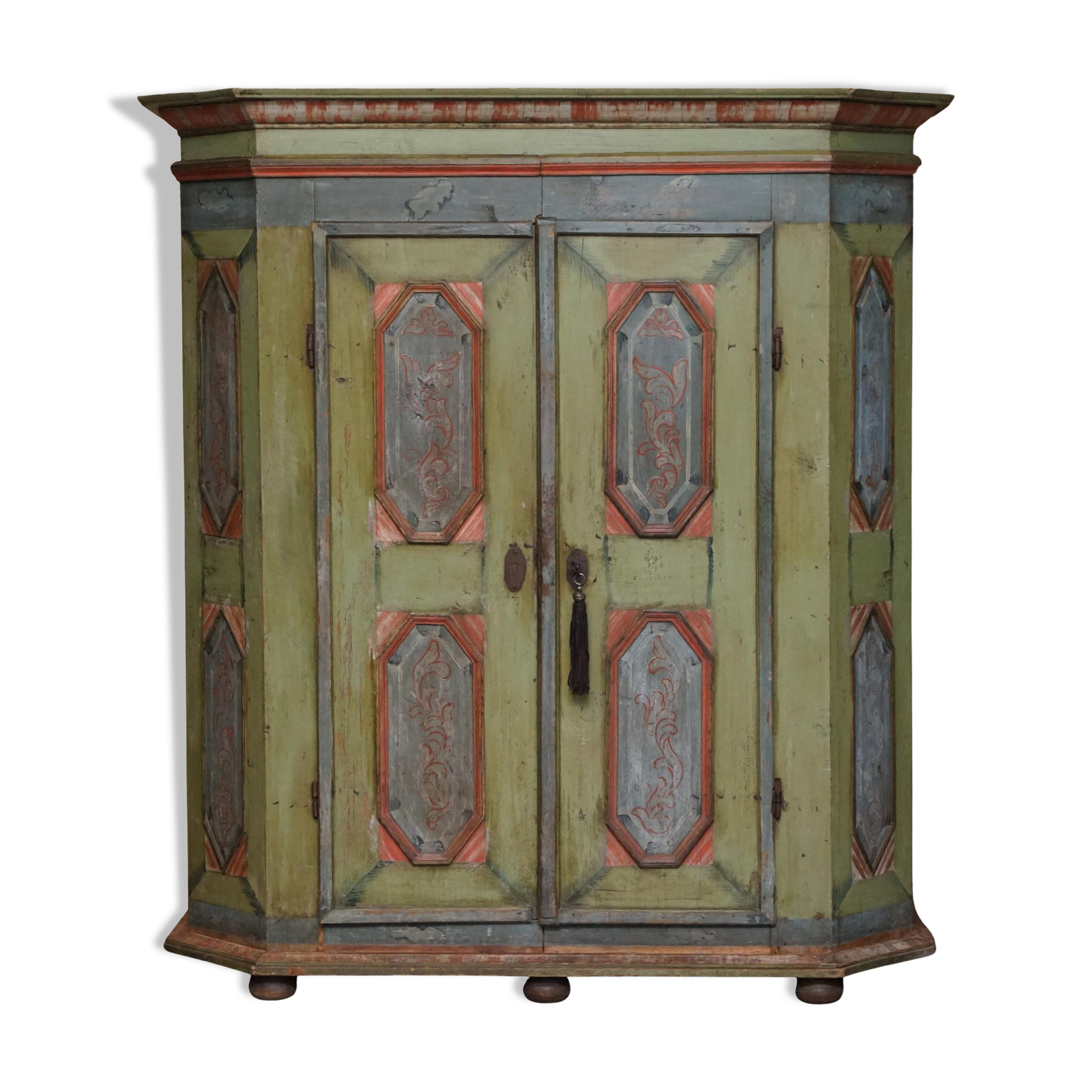 European Hand-Painted Wardrobe in Solid Oak circa 1800