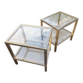 Pair of side tables Pierre Vandel Paris, gold metal and glass, year
