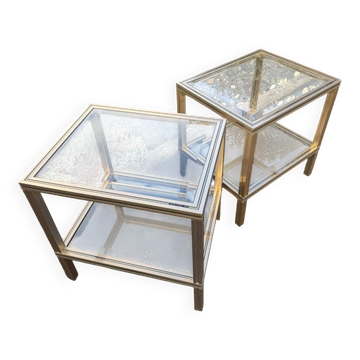 Pair of side tables Pierre Vandel Paris, gold metal and glass, year