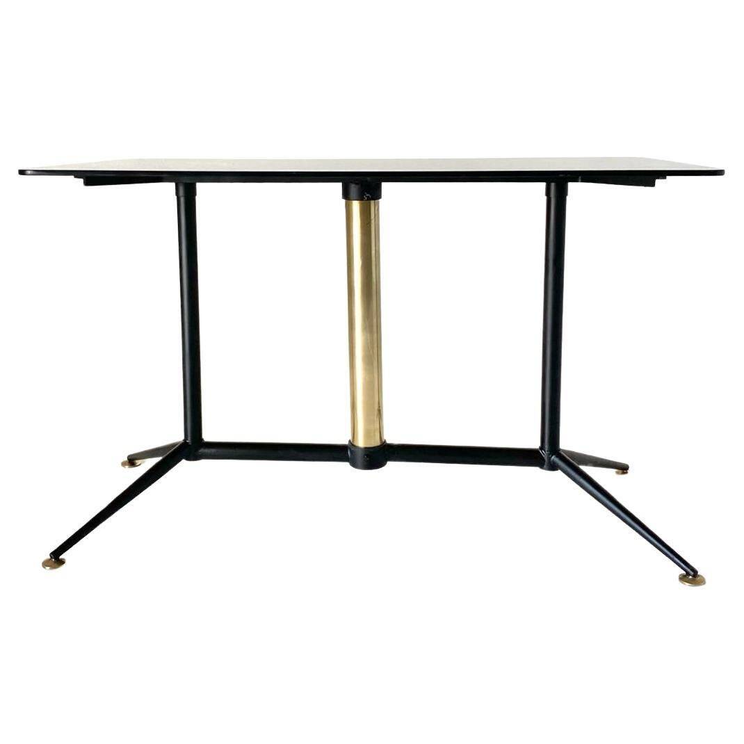 Vintage coffee table with smoked glass top and iron and brass base, Italy 1960s