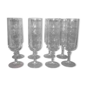 8 champagne flutes in crystal engraved in relief model Matignon