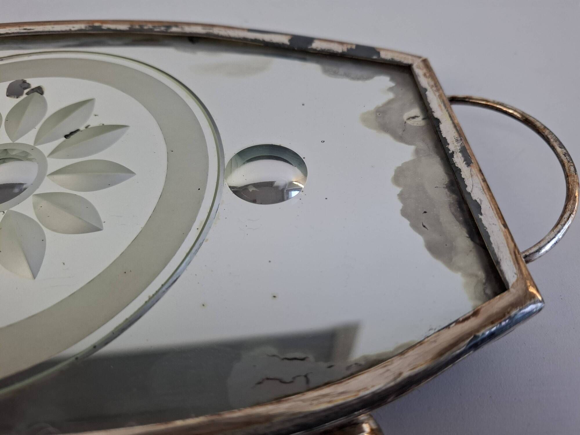 Vintage Art Deco Mirrored Glass Serving Tray with Floral Motif