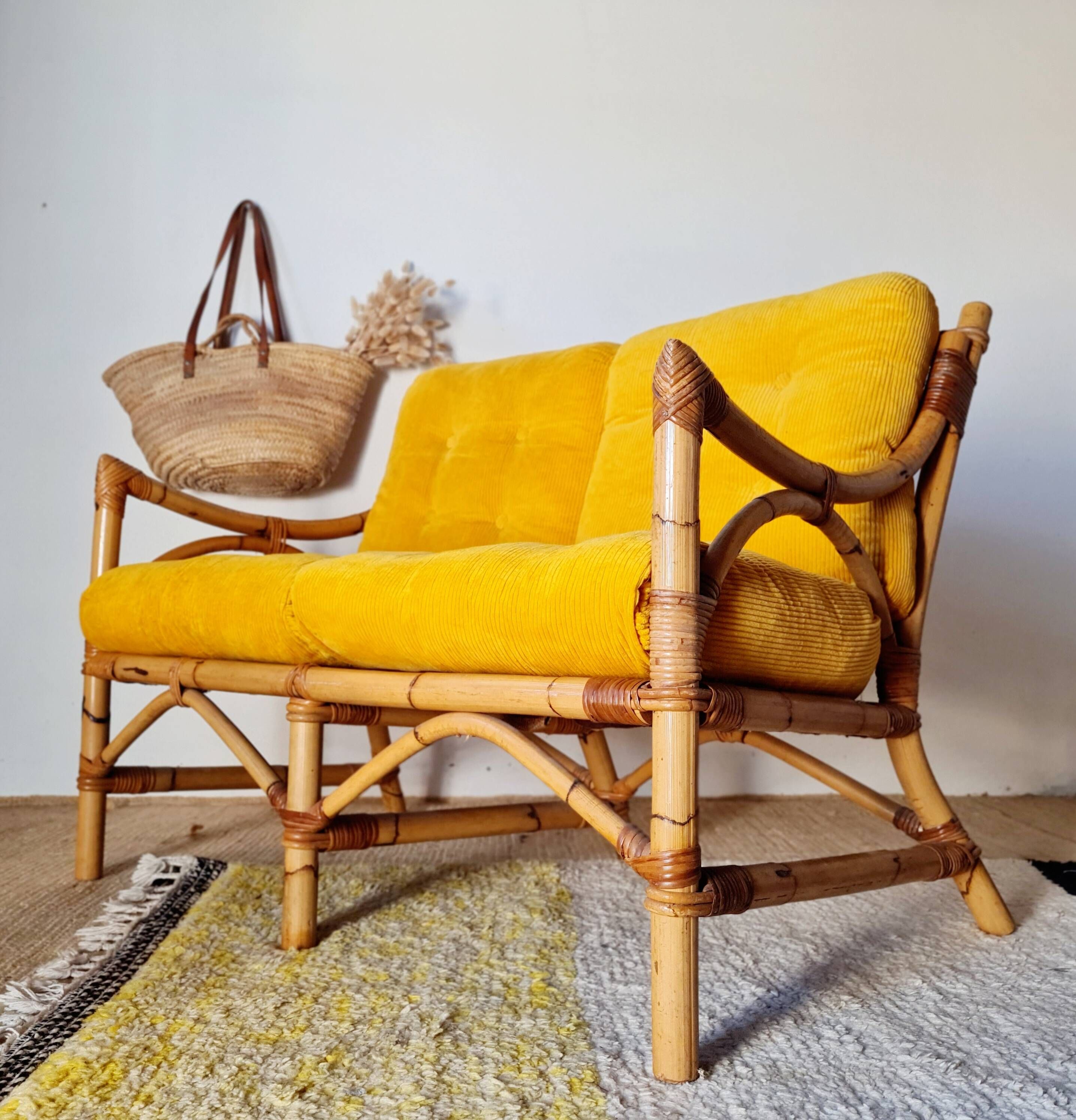 1960s rattan bench - yellow velvet