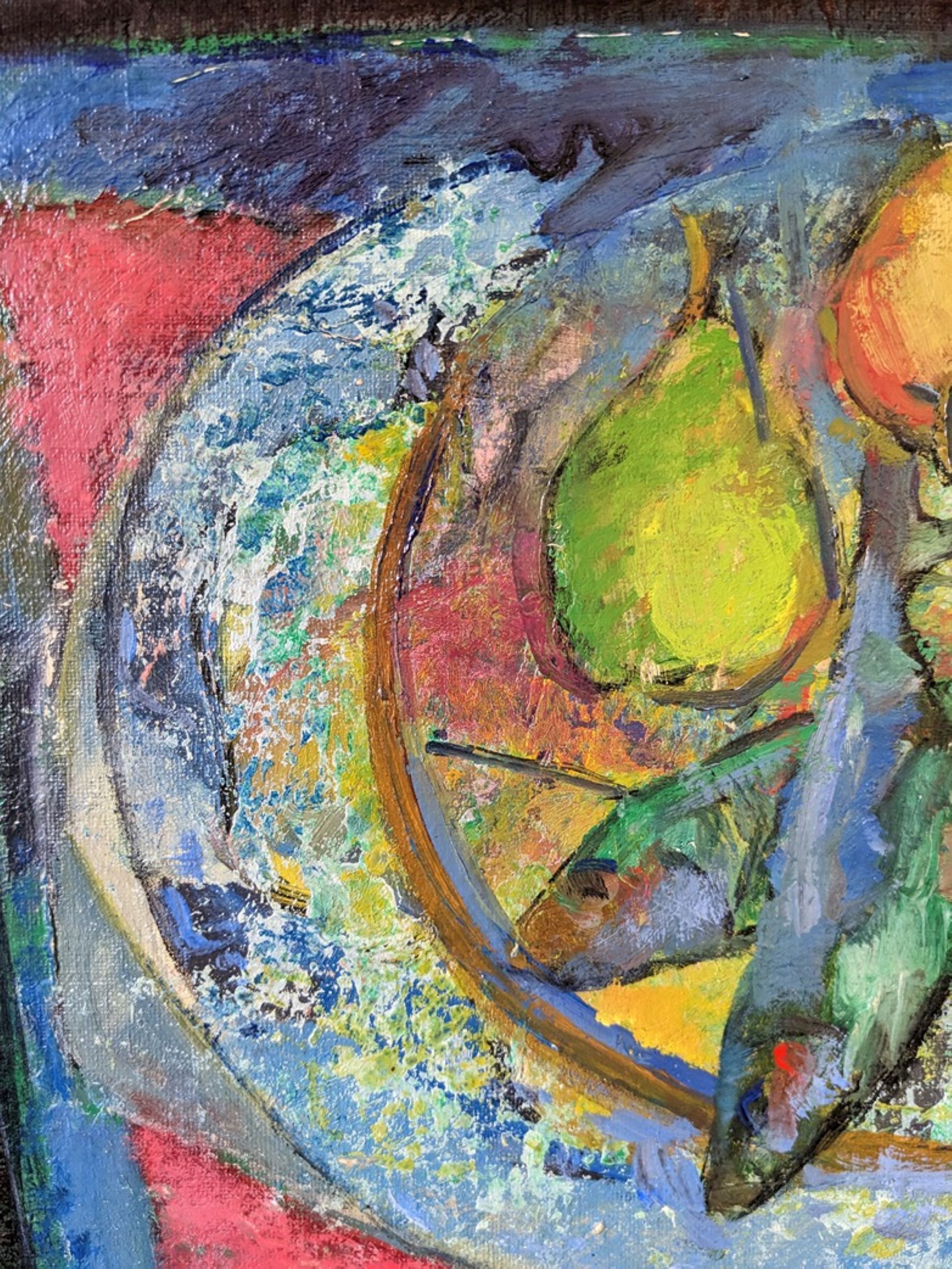 Mid-Century Modern Swedish "Fish & Fruit" Vintage Still Life Oil Painting, Framed