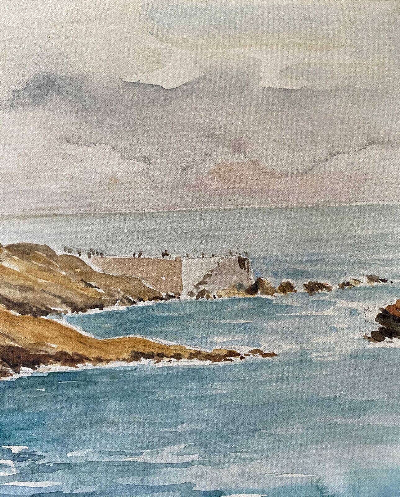 Watercolor Painting Seaside "Rock of the Virgin" Basque Country circa 1950