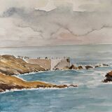 Watercolor Painting Seaside "Rock of the Virgin" Basque Country circa 1950