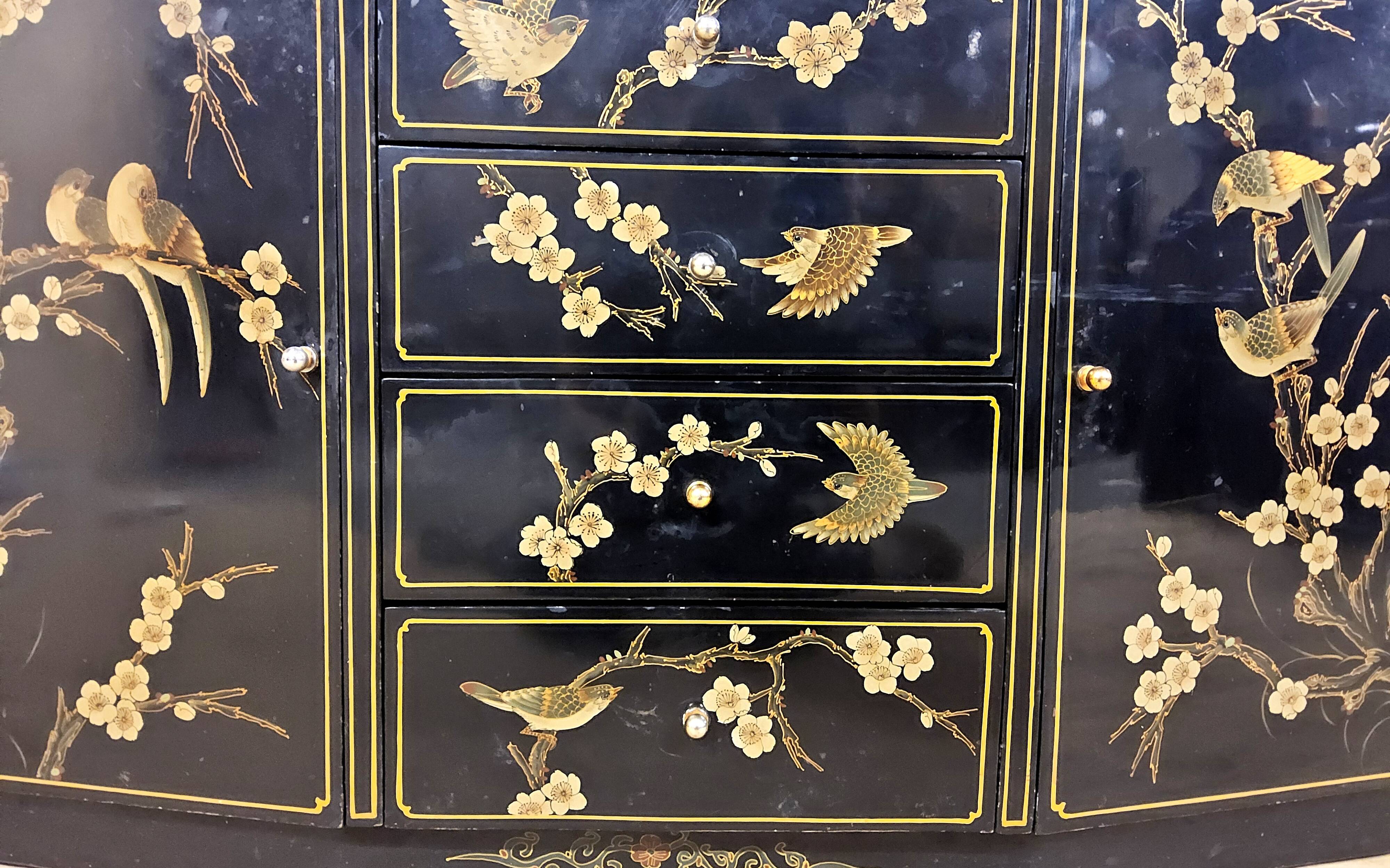 Vintage Chinese sideboard / lacquer cabinet (black / birds) Bohemian