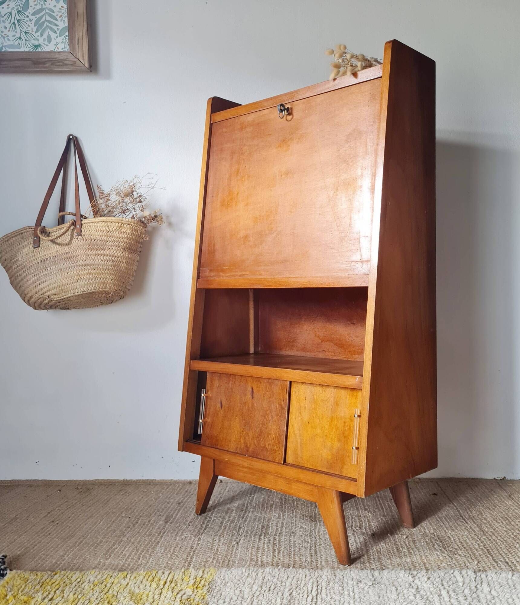 Vintage 1950s wooden secretary with tapered legs and mint interior.