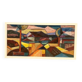 Grande huile sur panneau par Josef Gustafsson, Paysage cubiste, Signé