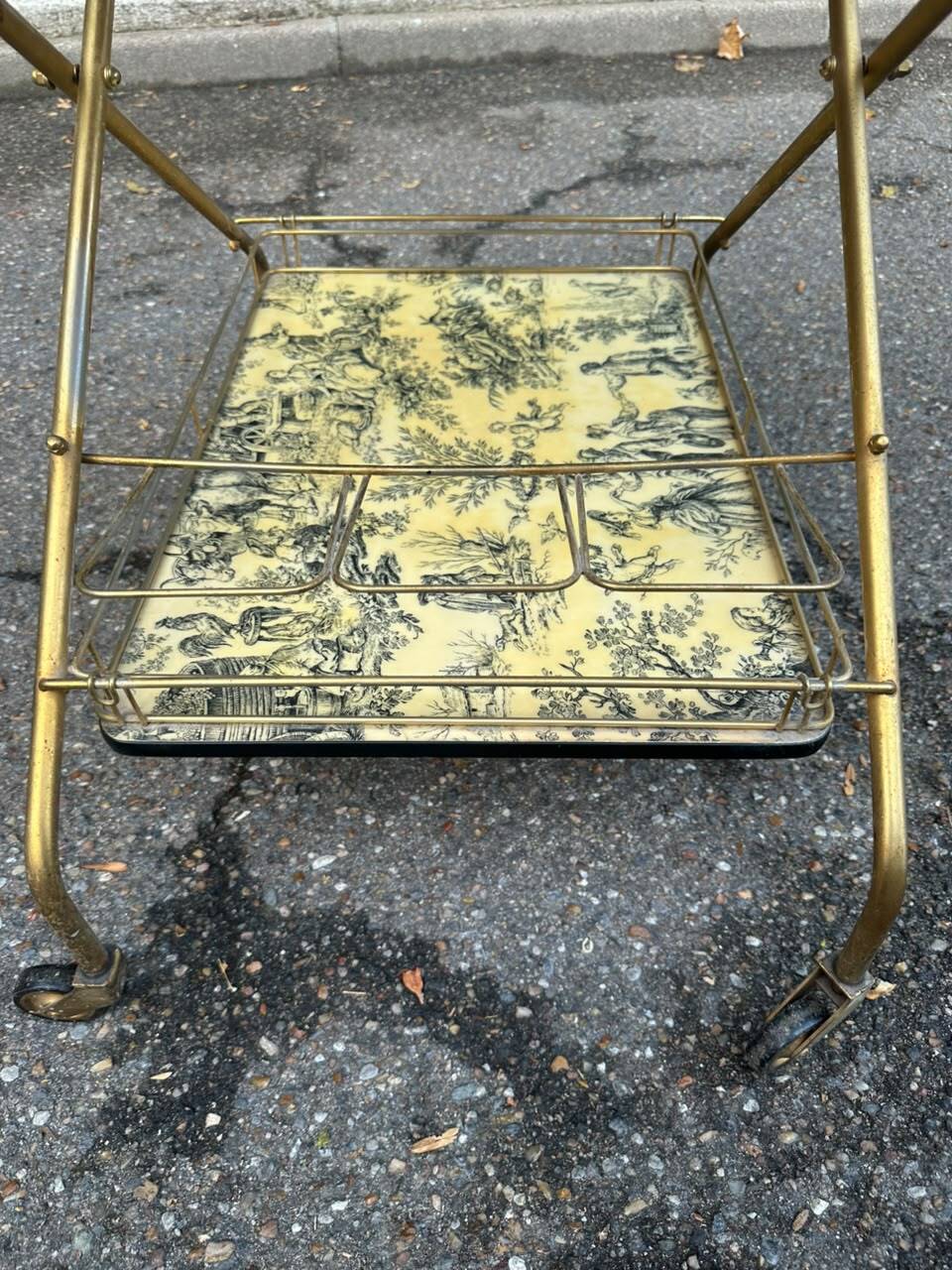 Vintage gold folding wheeled dessert trolley Toile de Jouy 1970s bar furniture