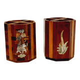 2 vintage Asian pencil pots Vietnam rosewood and mother-of-pearl inlays