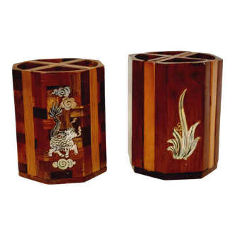 2 vintage Asian pencil pots Vietnam rosewood and mother-of-pearl inlays