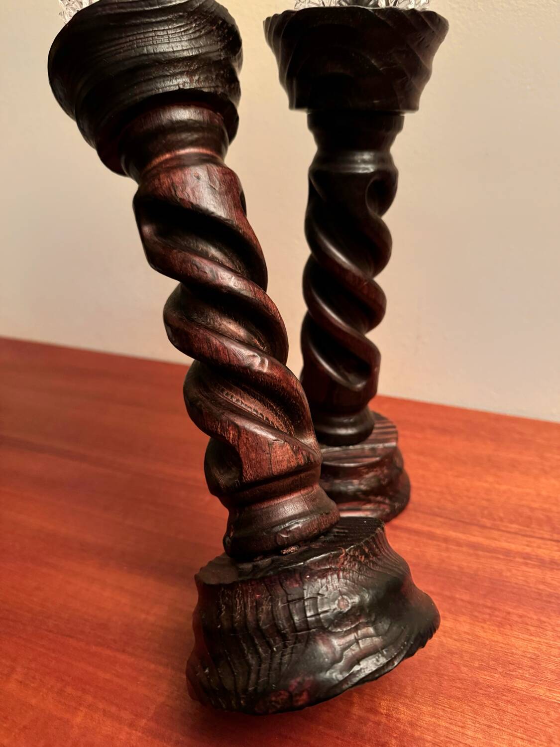 Brutalist turned wood candlesticks from the 60s
