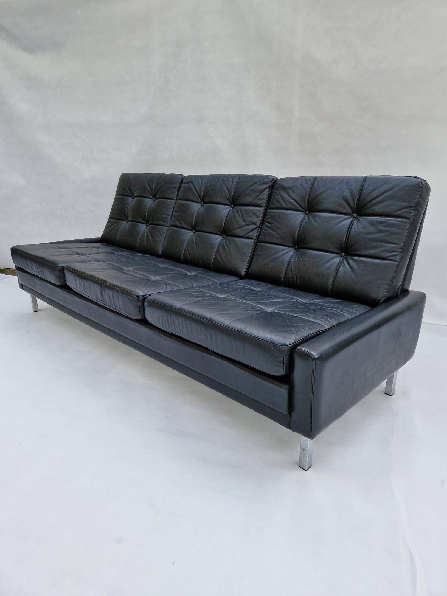 Canapé 3 places, vintage, chrome, cuir noir, Danemark, années 1960