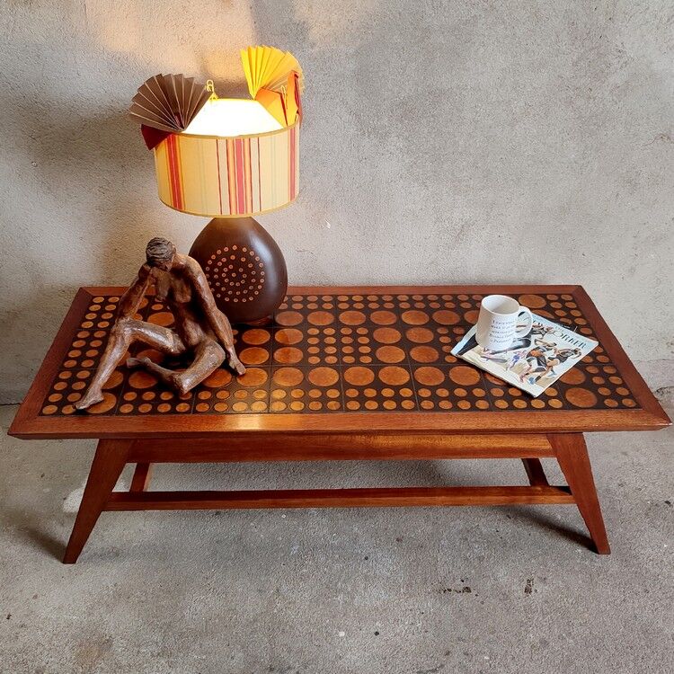 Coffee table in blond mahogany and ceramic tiles, 60s