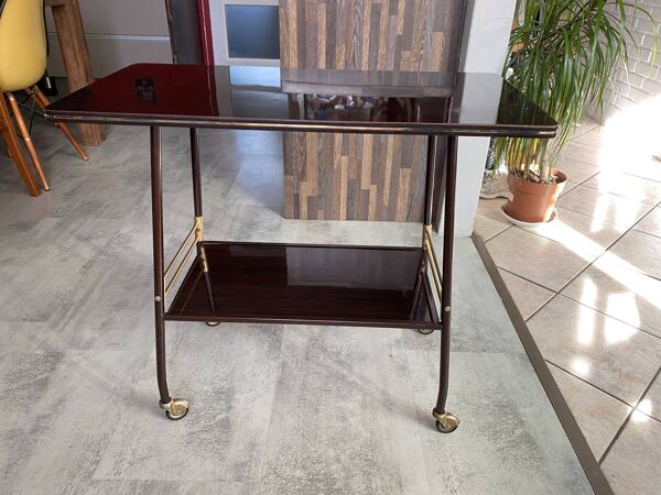 Meuble de télé à roulettes 2 plateaux formica marron 1960