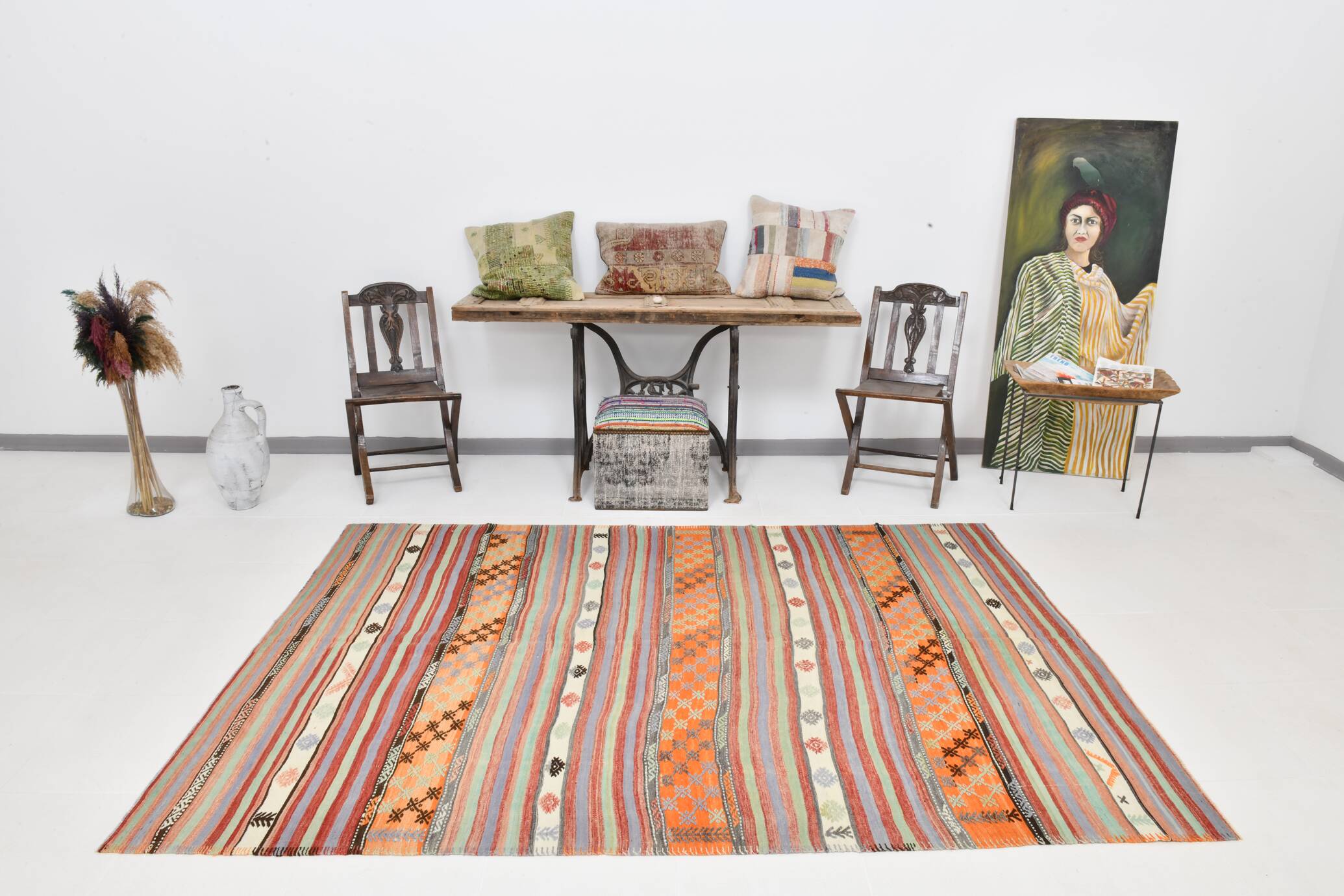 5x8 Orange & Red Striped Vintage Kilim Rug, 173x255Cm SK 32784