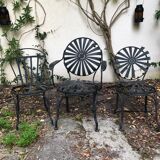 2 Francois Carre Sunburst garden chairs and 1 armchair with spring, 1930s