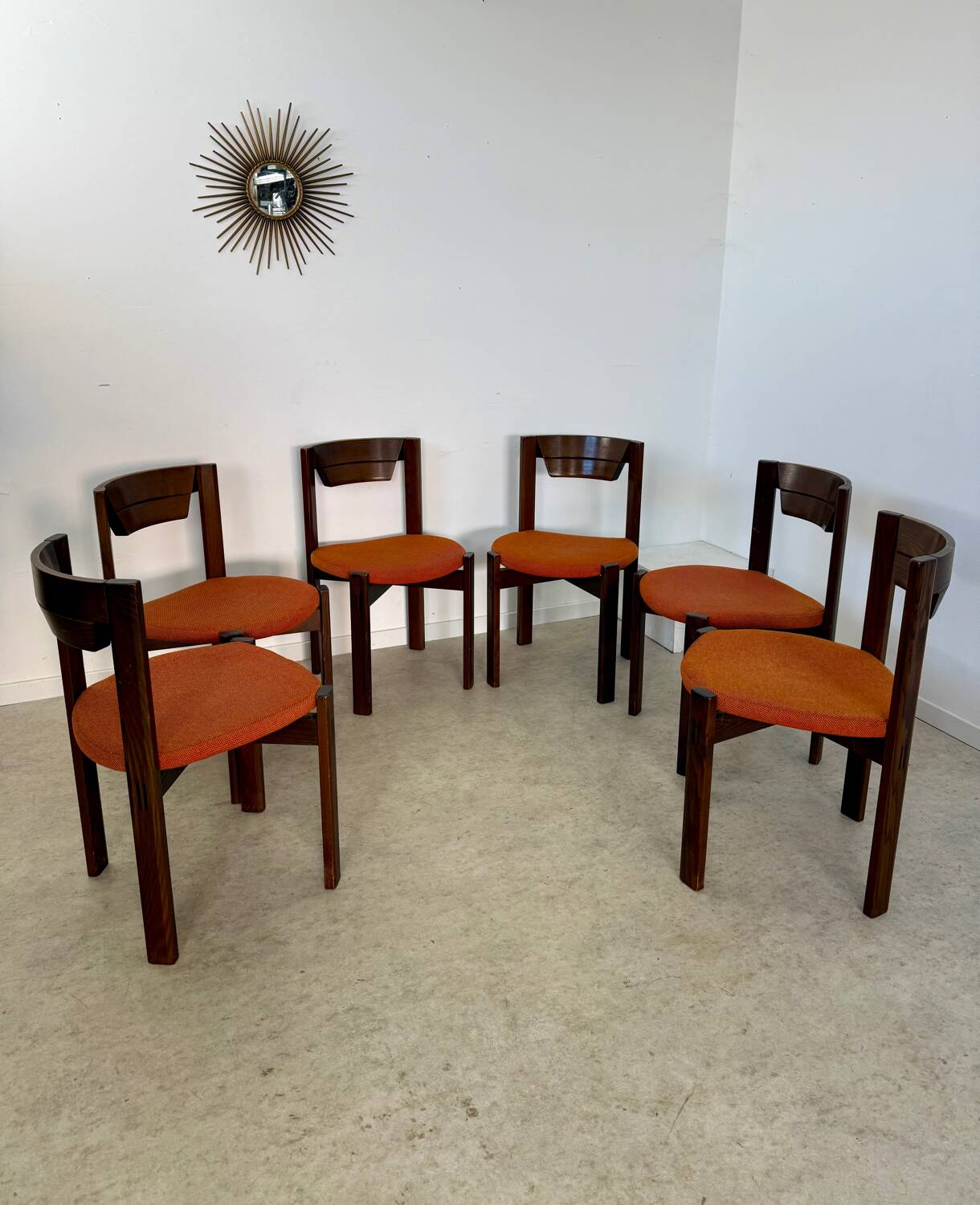 Set of 6 Girsberger Scandinavian style chairs from the 70s, vintage, solid wood, original fabric