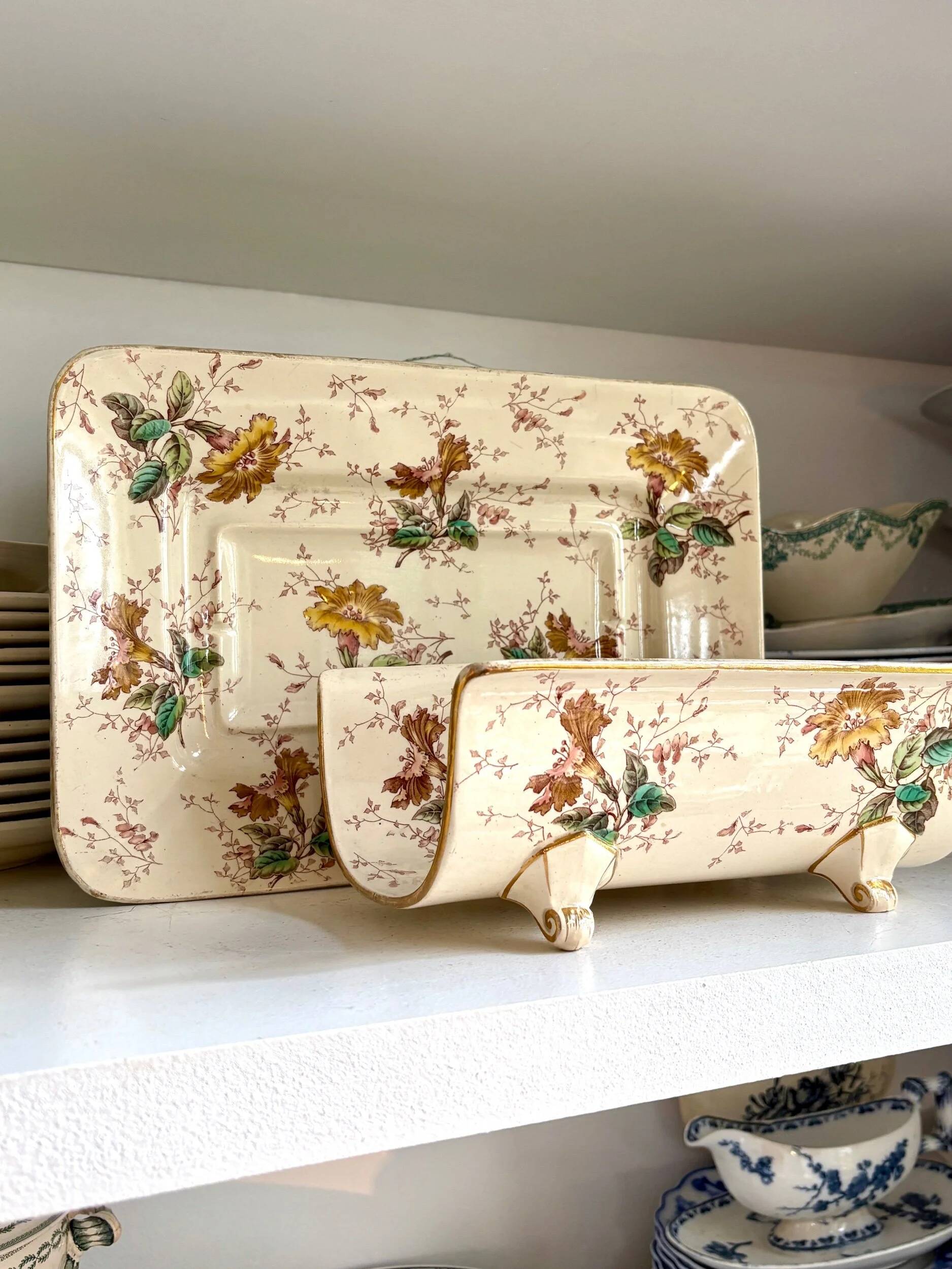 Lunéville asparagus dish in polychrome and gilded ironstone