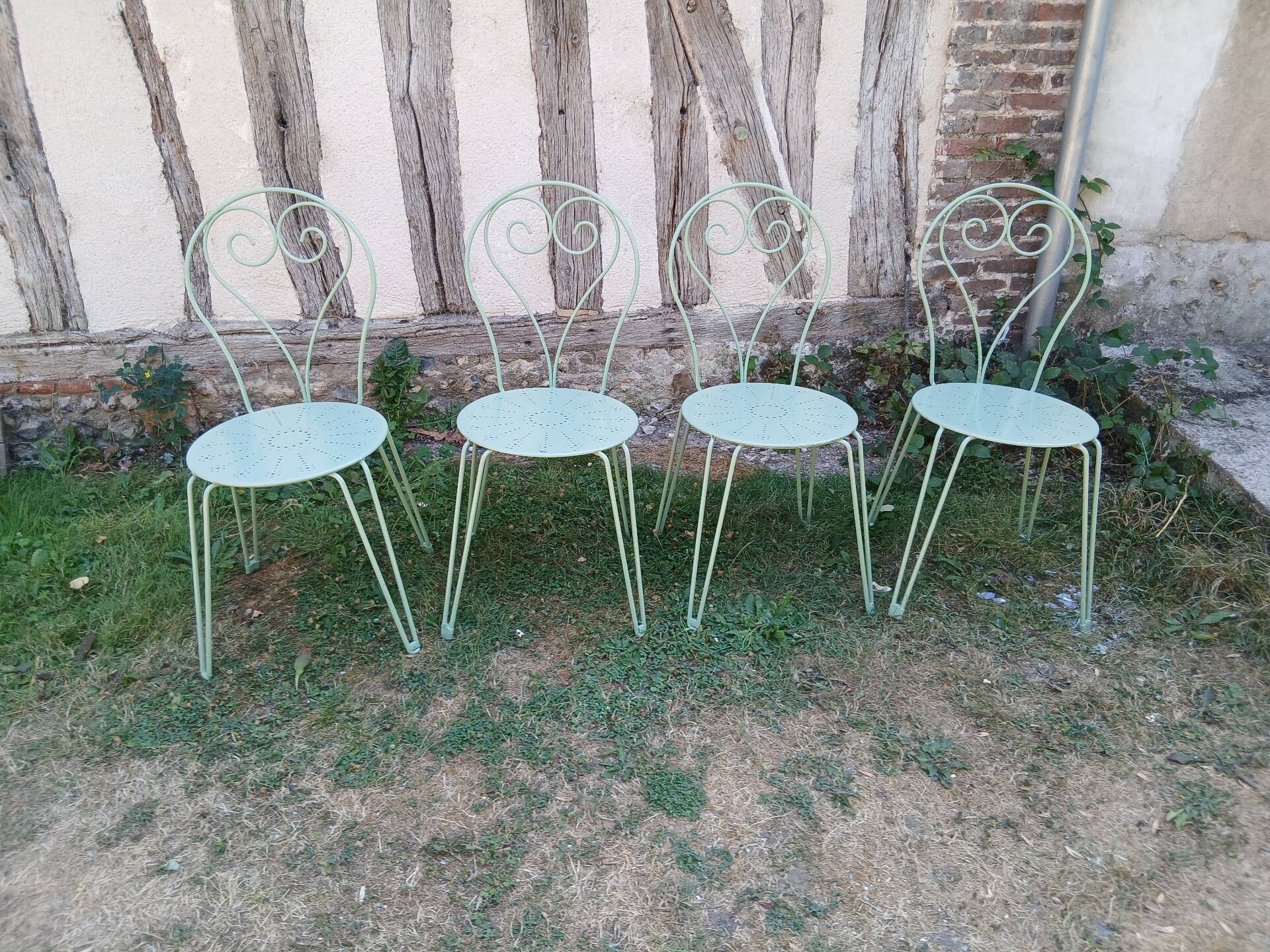 Salon de jardin 1 table 4 chaises fer forgé ancien vert Provence