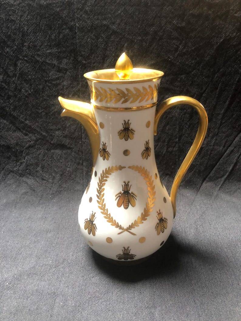 Vintage Limoges Porcelain Chocolate Set: Empire Style, Hand-Painted Bees