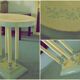 Art Deco oval side table in hand-painted azure blue and yellow wood, 1930s