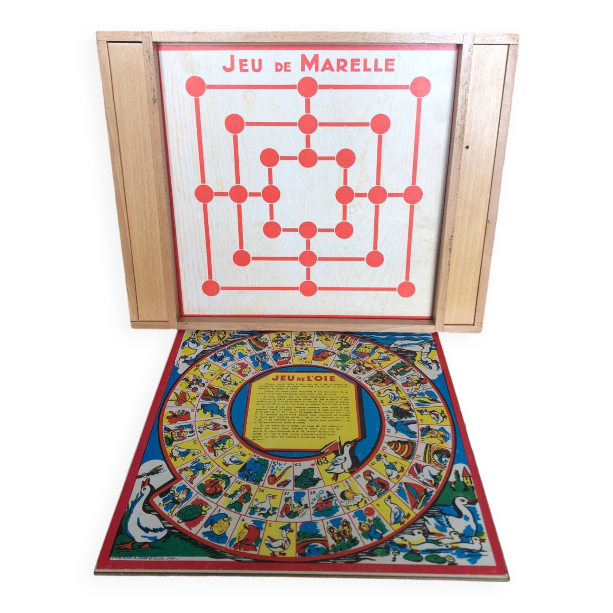 Old Board Game of Checkers, Goose, Hopscotch & Little Horses in Vintage Wooden