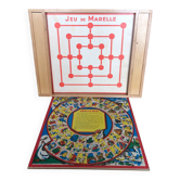 Ancien Plateau Jeu De Dames, Oie, Marelle & Petits Chevaux En Bois