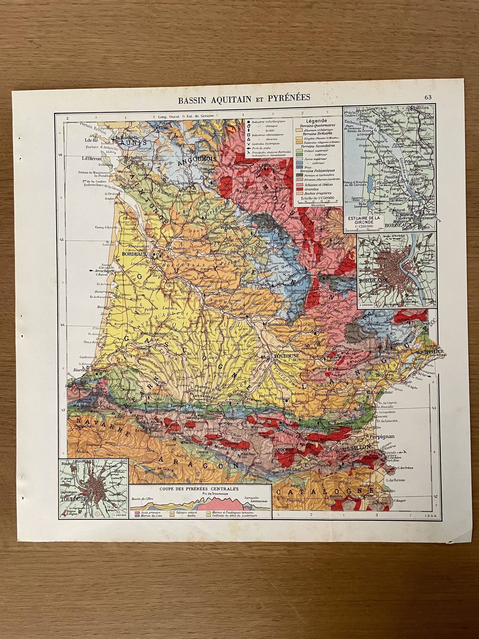 Old map of the Nouvelle-Aquitaine and Pyrenees region from 1945