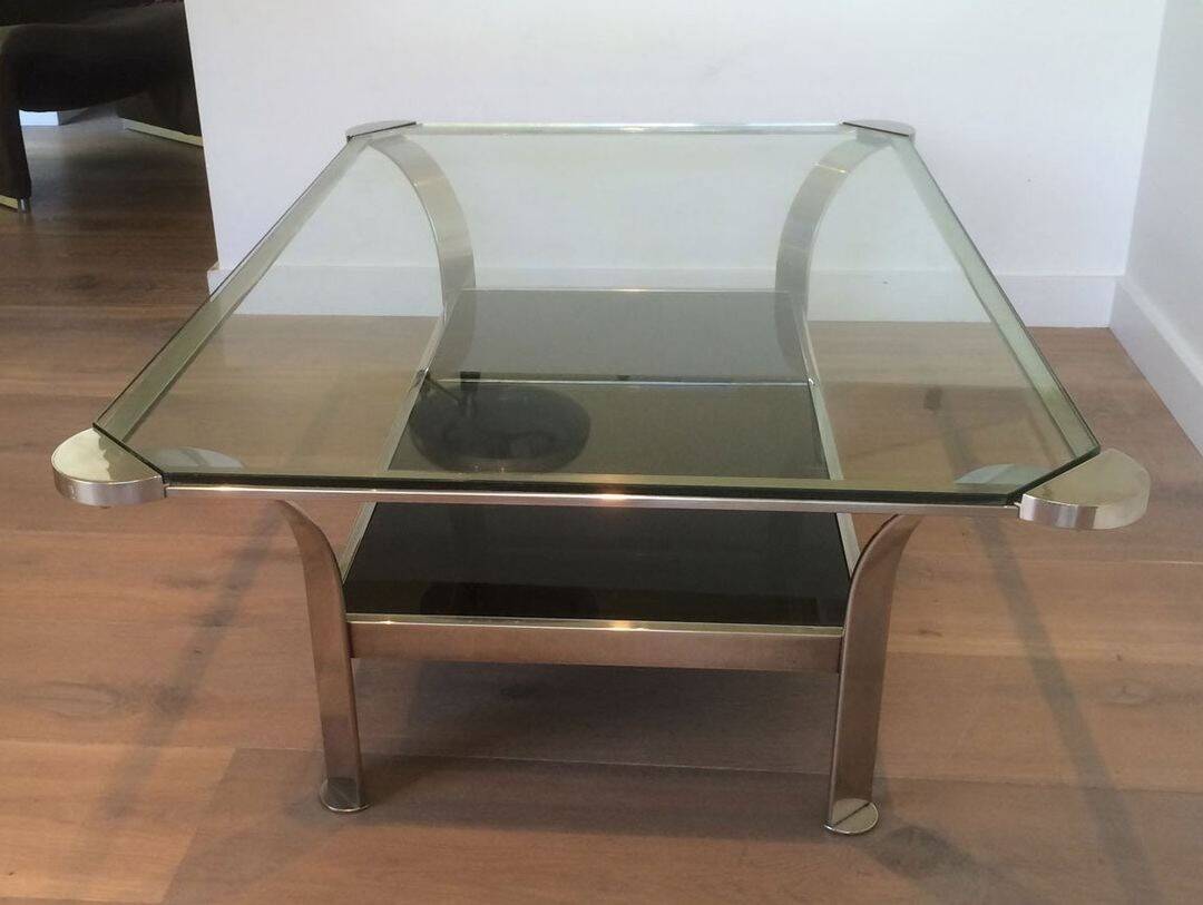 Table basse en chrome à double plateau en verre