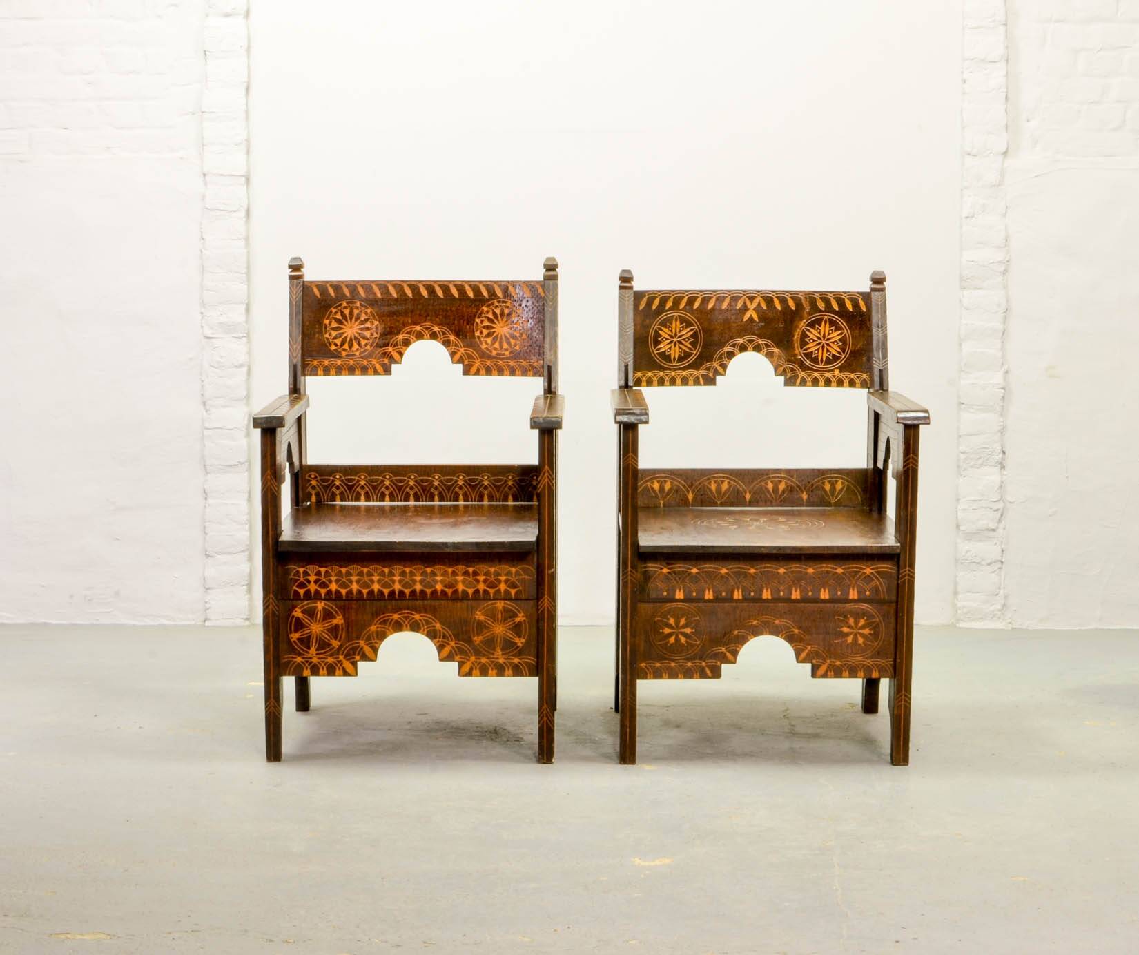 Set of Middle East Design Carved Wooden Moorish Decorated Side Chairs 1950s