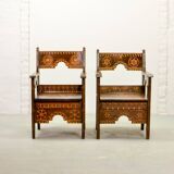 Set of Middle East Design Carved Wooden Moorish Decorated Side Chairs 1950s